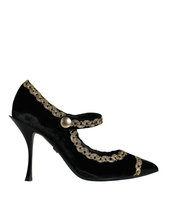 Zapatos de Tacón de Terciopelo Negro Mary Janes de Dolce & Gabbana con Detalles Dorados - Image 1
