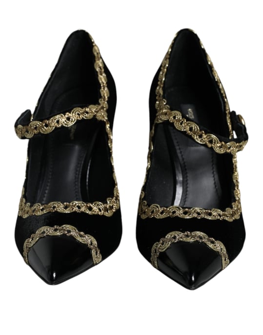 Zapatos de Tacón de Terciopelo Negro Mary Janes de Dolce & Gabbana con Detalles Dorados - Image 2