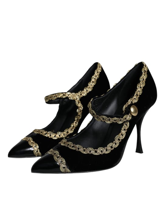 Zapatos de Tacón de Terciopelo Negro Mary Janes de Dolce & Gabbana con Detalles Dorados - Image 3
