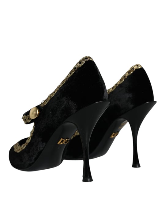 Zapatos de Tacón de Terciopelo Negro Mary Janes de Dolce & Gabbana con Detalles Dorados - Image 4