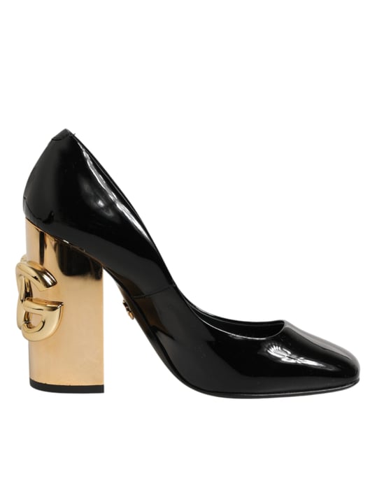 Zapatos de Tacón de Piel Patentada con Logo Dolce & Gabbana Negro y Dorado - Image 2