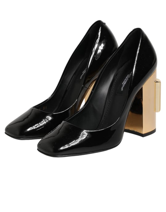Zapatos de Tacón de Piel Patentada con Logo Dolce & Gabbana Negro y Dorado - Image 5