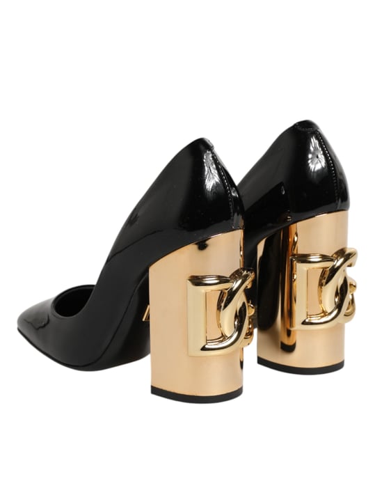 Zapatos de Tacón de Piel Patentada con Logo Dolce & Gabbana Negro y Dorado - Image 6