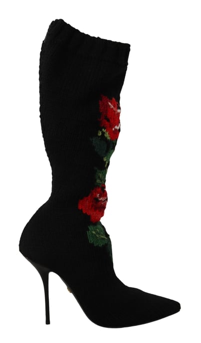 Calcetas Negras Elásticas Dolce & Gabbana con Botines de Rosas Rojas - Image 1