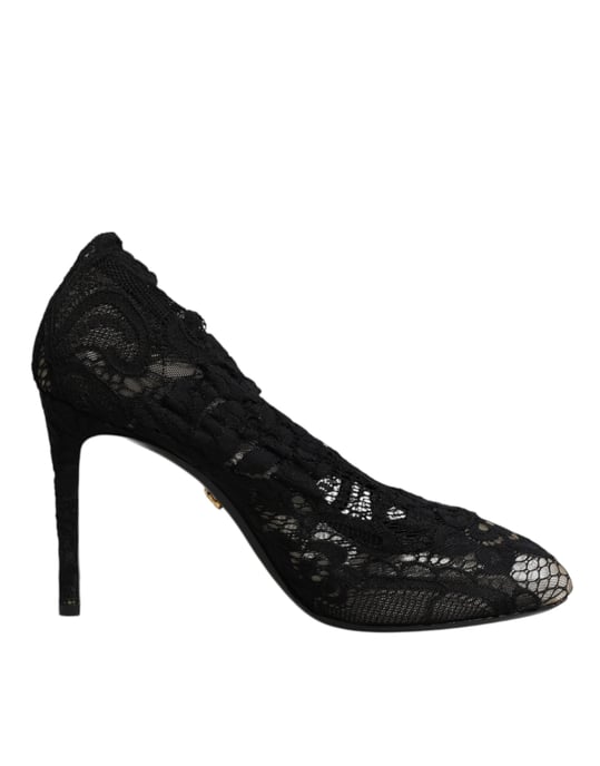 Botas de media caña con tacón de encaje negro elástico de Dolce & Gabbana - Image 1