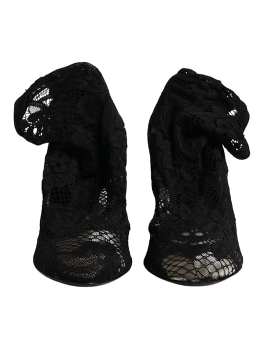 Botas de media caña con tacón de encaje negro elástico de Dolce & Gabbana - Image 3