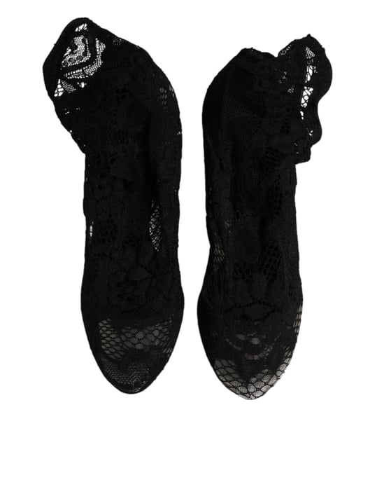 Botas de media caña con tacón de encaje negro elástico de Dolce & Gabbana - Image 4