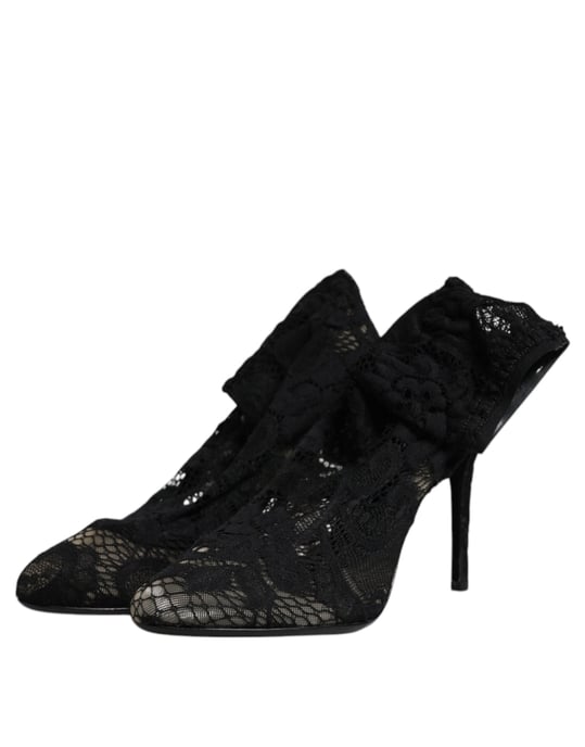 Botas de media caña con tacón de encaje negro elástico de Dolce & Gabbana - Image 5