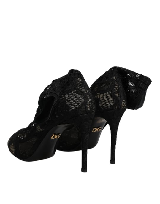 Botas de media caña con tacón de encaje negro elástico de Dolce & Gabbana - Image 6