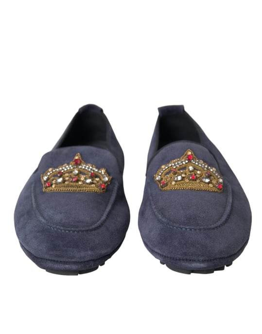 Zapatos Mocasin de Cuero Azul Ante con Cristales y Corona de Dolce & Gabbana - Image 2