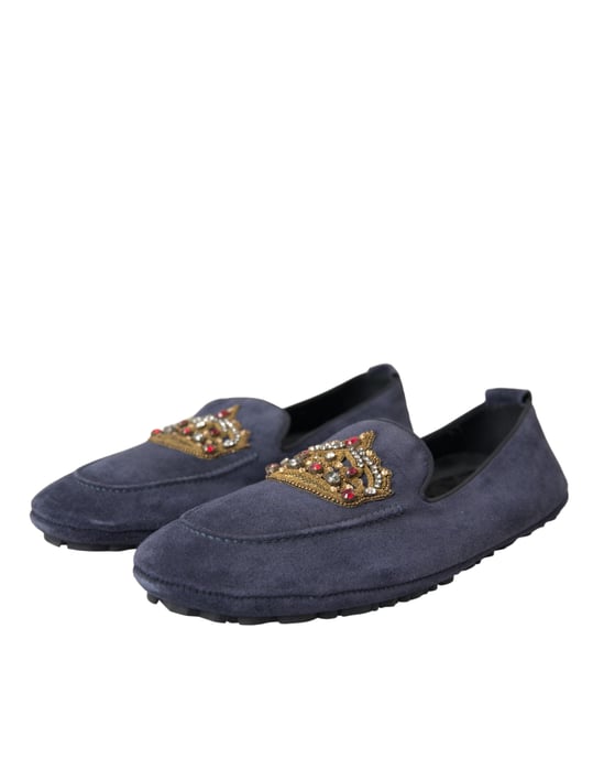 Zapatos Mocasin de Cuero Azul Ante con Cristales y Corona de Dolce & Gabbana - Image 3