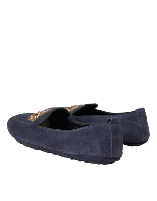 Zapatos Mocasin de Cuero Azul Ante con Cristales y Corona de Dolce & Gabbana - Image 4