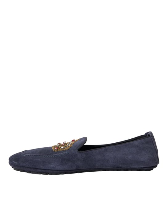 Zapatos Mocasin de Cuero Azul Ante con Cristales y Corona de Dolce & Gabbana - Image 5