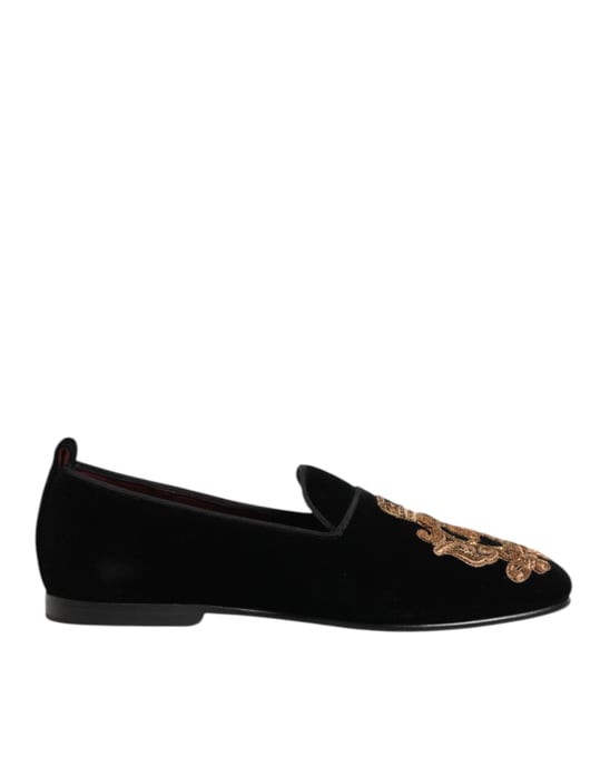 Zapatos Loafers para Hombre de Terciopelo Negro con Corona Dorada de Dolce & Gabbana - Image 2