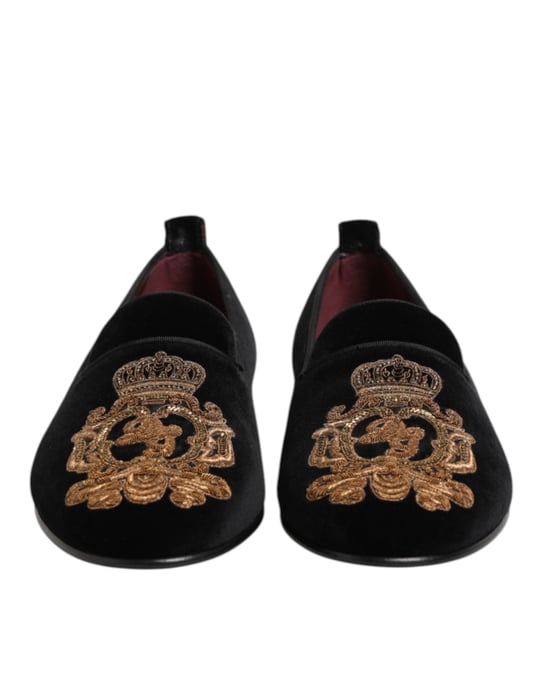 Zapatos Loafers para Hombre de Terciopelo Negro con Corona Dorada de Dolce & Gabbana - Image 3