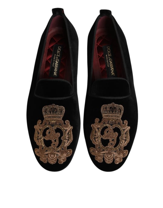 Zapatos Loafers para Hombre de Terciopelo Negro con Corona Dorada de Dolce & Gabbana - Image 4