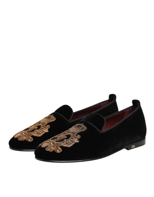 Zapatos Loafers para Hombre de Terciopelo Negro con Corona Dorada de Dolce & Gabbana - Image 6