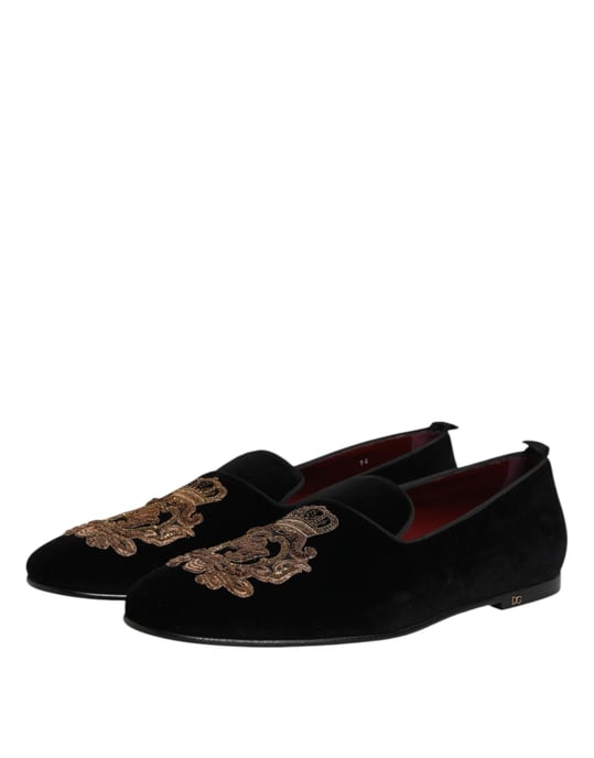 Zapatos Loafers para Hombre de Terciopelo Negro con Corona Dorada de Dolce & Gabbana - Image 4