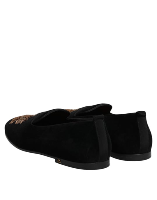 Zapatos Loafers para Hombre de Terciopelo Negro con Corona Dorada de Dolce & Gabbana - Image 5