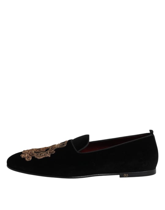 Zapatos Loafers para Hombre de Terciopelo Negro con Corona Dorada de Dolce & Gabbana - Image 6
