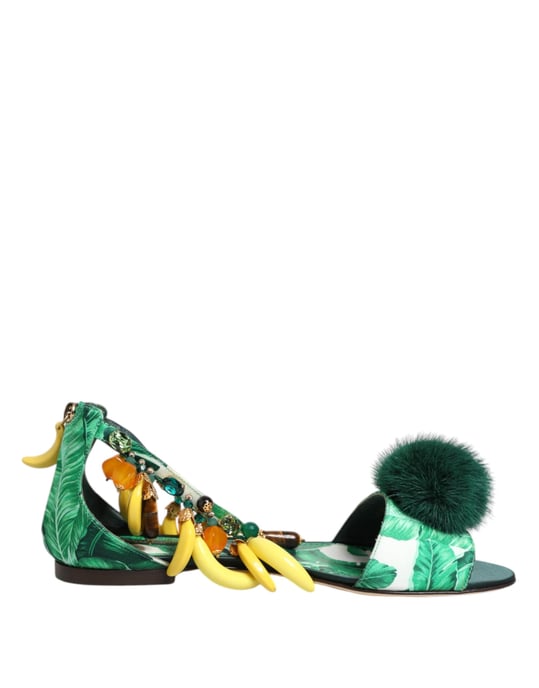 Sandalias de Satén de Piel de Visón Verde de Dolce & Gabbana con Diseño de Hoja de Plátano - Image 2