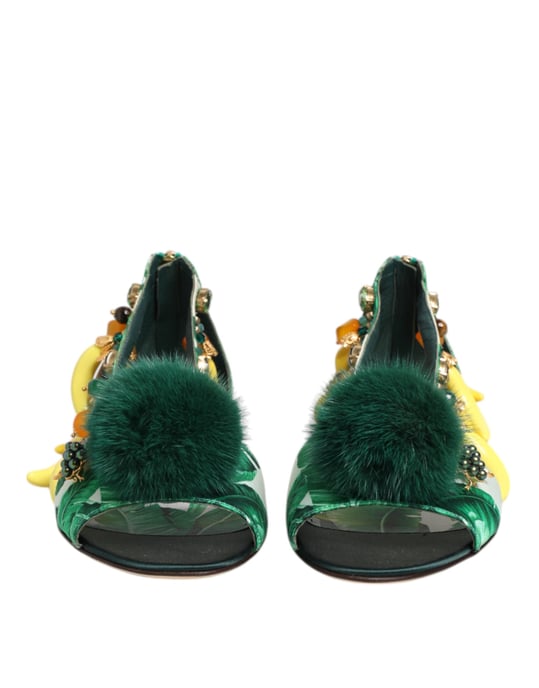 Sandalias de Satén de Piel de Visón Verde de Dolce & Gabbana con Diseño de Hoja de Plátano - Image 3