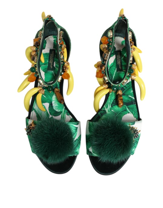 Sandalias de Satén de Piel de Visón Verde de Dolce & Gabbana con Diseño de Hoja de Plátano - Image 4
