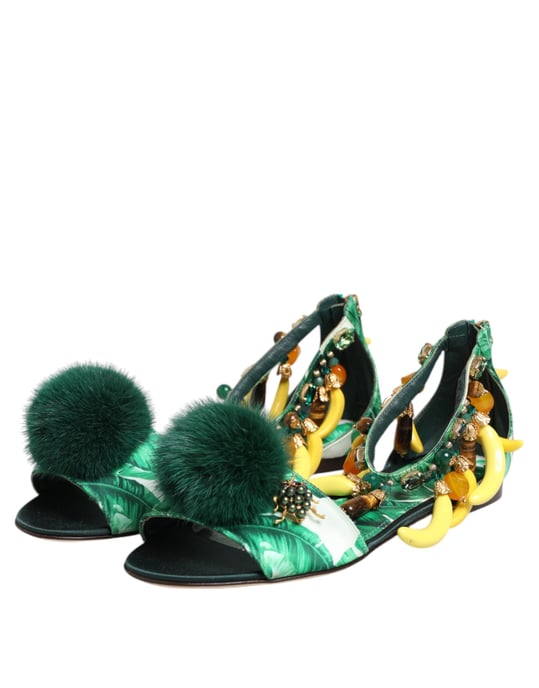 Sandalias de Satén de Piel de Visón Verde de Dolce & Gabbana con Diseño de Hoja de Plátano - Image 5