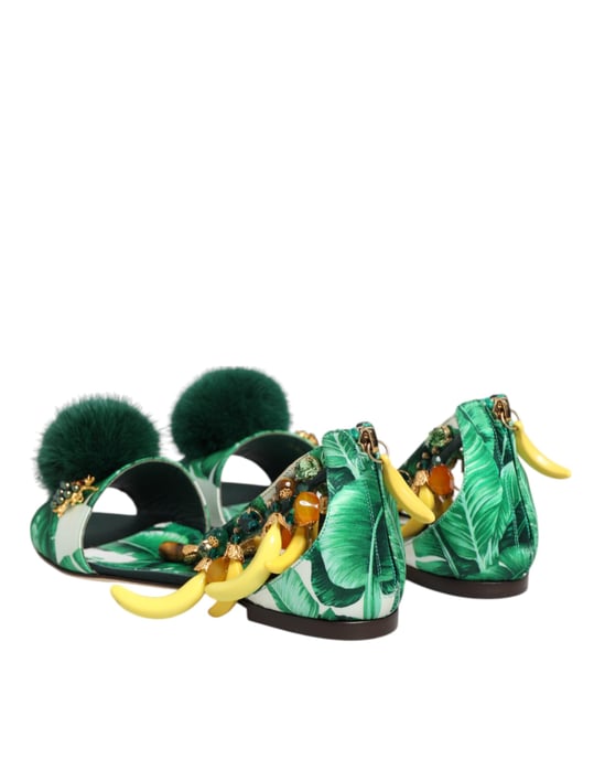 Sandalias de Satén de Piel de Visón Verde de Dolce & Gabbana con Diseño de Hoja de Plátano - Image 6