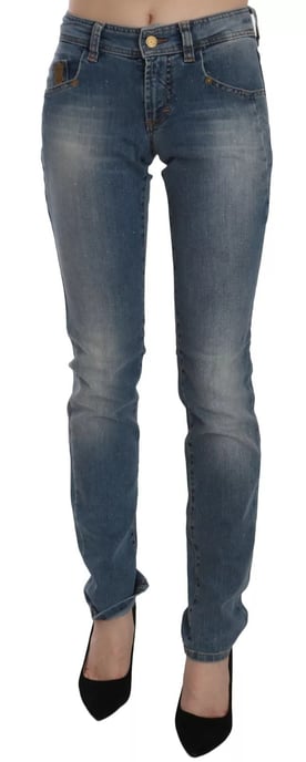 Pantalones de mezclilla ajustados casuales de tiro medio azul desgastado John Galliano - Image 1