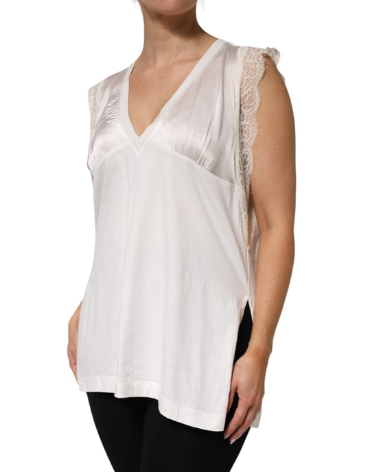TOP SIN MANGAS DE MEZCLA DE SEDA BLANCA CON ENCAGE Y ESCOTE EN V PARA MUJER PINKO - Image 3