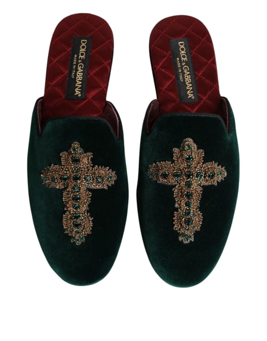 Zapatillas de terciopelo verde Dolce & Gabbana con embellishments cruzados - Image 3