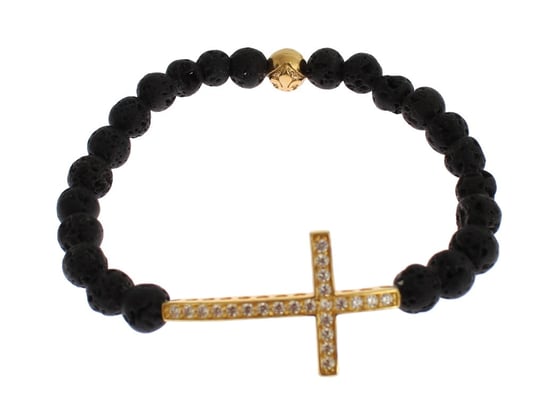 Pulsera Nialaya de Piedra de Lava con Cruz de CZ Clara en Oro y Plata de Ley 925 - Image 2