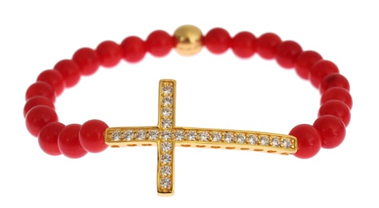 Pulsera de Plata 925 con Cruz de CZ en Oro y Coral Rojo Nialaya - Image 3