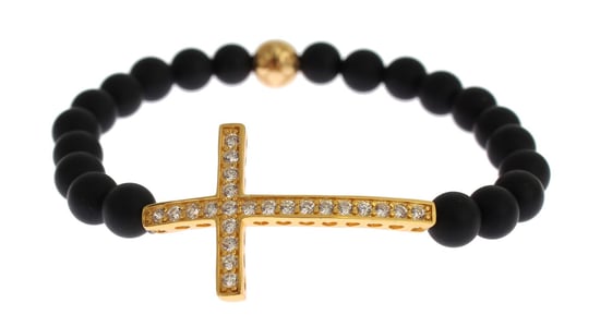 Pulsera de Plata 925 con Cruz de CZ en Oro y Piedra Ónix Mate Nialaya - Image 3