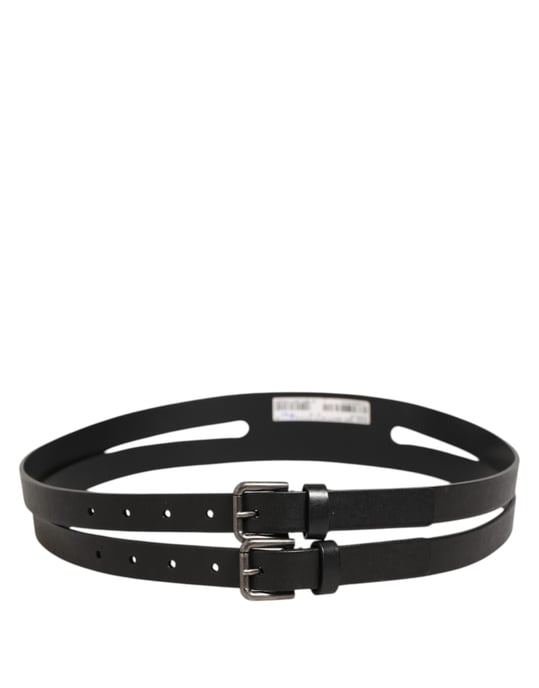 Cinturón de cuero negro con doble hebilla plateada de Dolce & Gabbana - Image 4