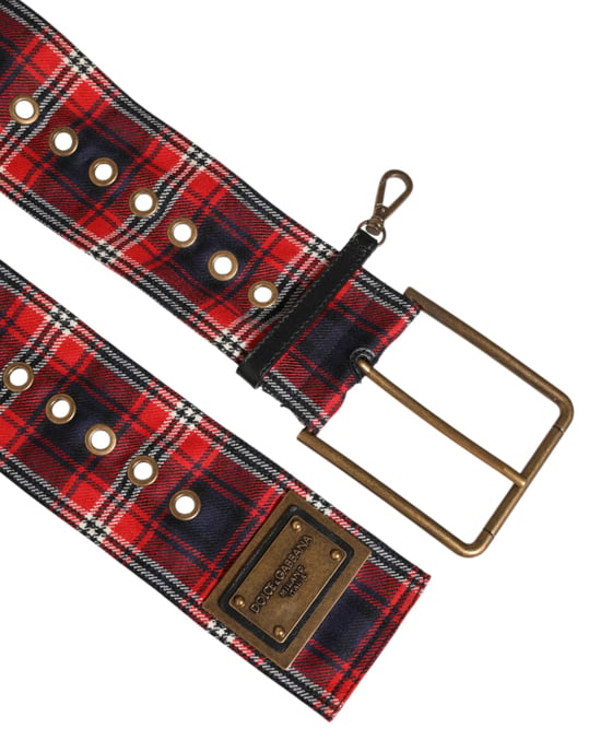 Cinturón de hebilla de latón con placa de logo de tela a cuadros rojos de Dolce & Gabbana - Image 3