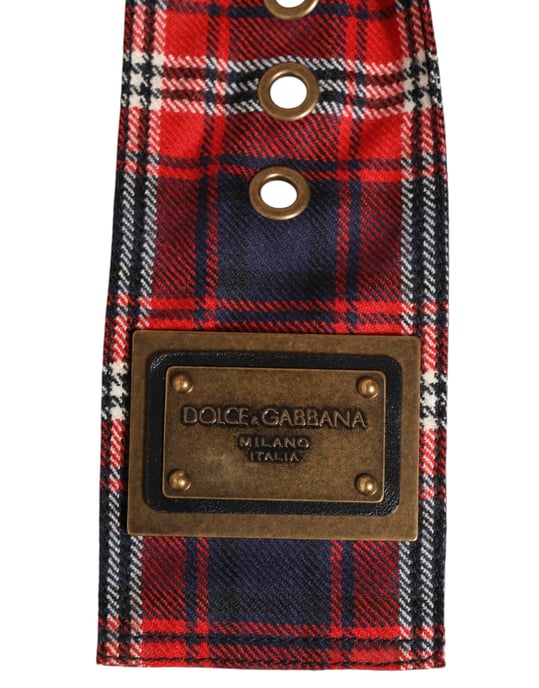 Cinturón de hebilla de latón con placa de logo de tela a cuadros rojos de Dolce & Gabbana - Image 4