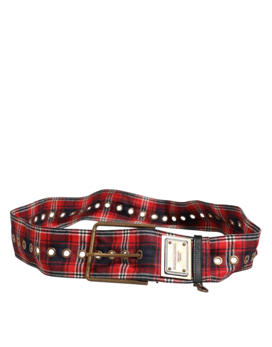 Cinturón de hebilla de latón con placa de logo de tela a cuadros rojos de Dolce & Gabbana - Image 5