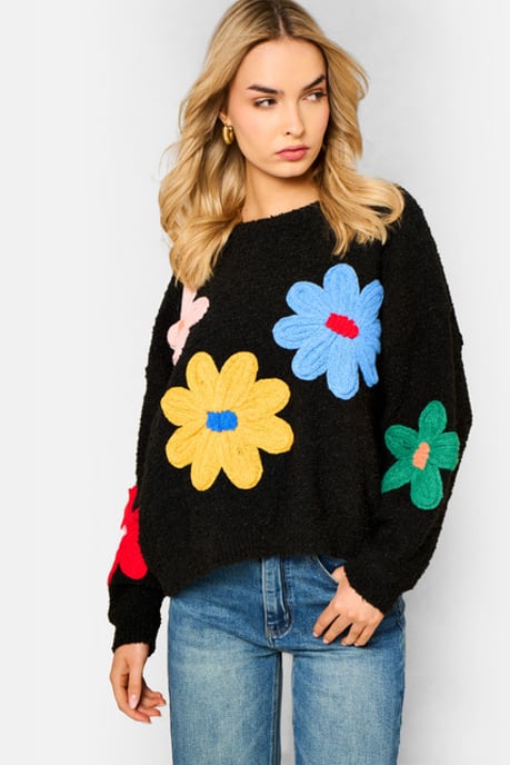 Jersey de punto de ganchillo con motivos florales en 3D en color negro - Image 2