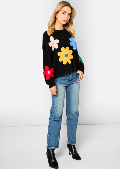 Jersey de punto de ganchillo con motivos florales en 3D en color negro - Image 3