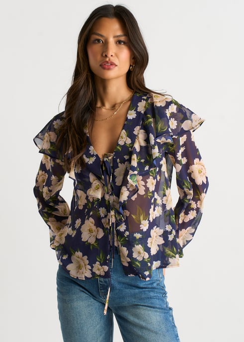 Blusa azul marino con volantes en la parte delantera y estampado floral - Image 2