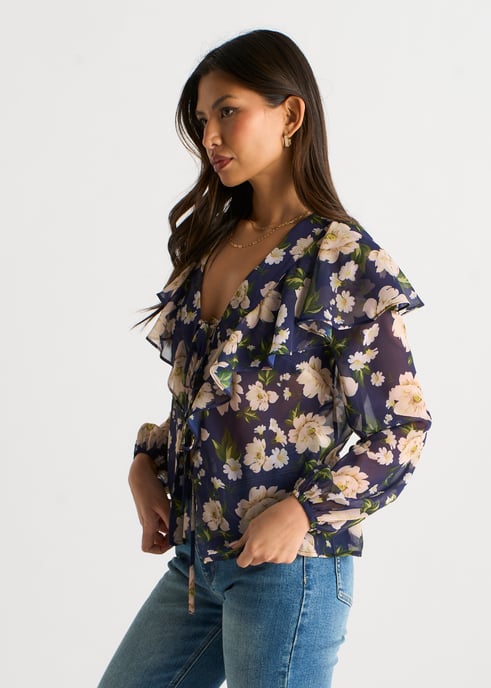 Blusa azul marino con volantes en la parte delantera y estampado floral - Image 3