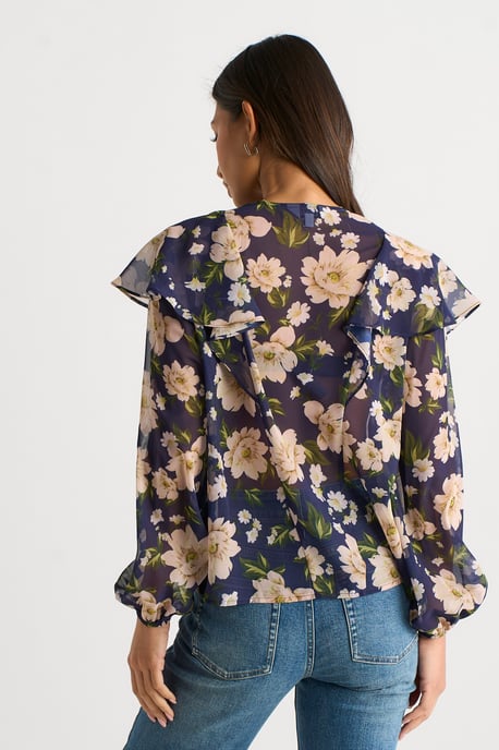 Blusa azul marino con volantes en la parte delantera y estampado floral - Image 4