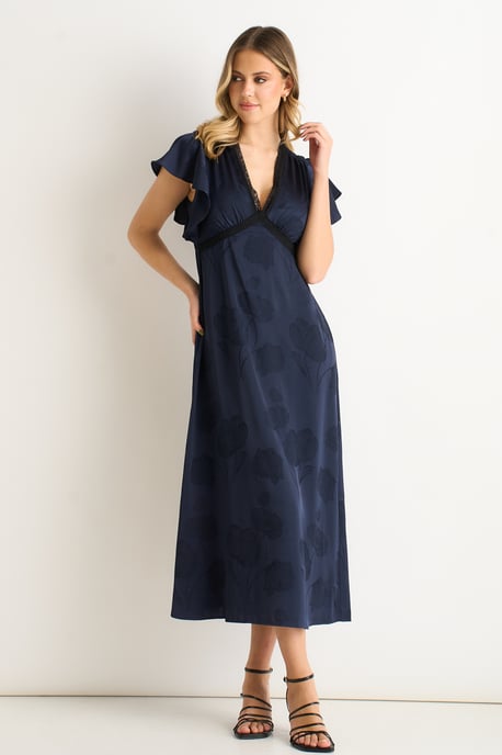 Vestido midi de satén jacquard con estampado floral azul marino y ribete de encaje - Image 1
