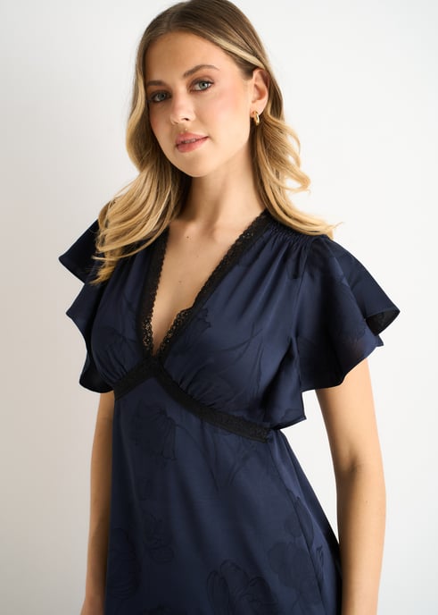 Vestido midi de satén jacquard con estampado floral azul marino y ribete de encaje - Image 2
