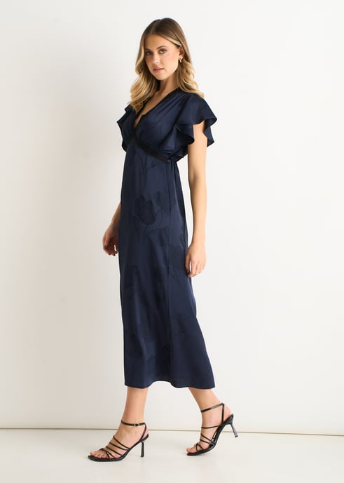 Vestido midi de satén jacquard con estampado floral azul marino y ribete de encaje - Image 3