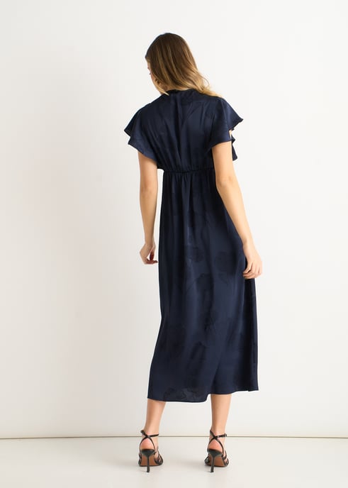 Vestido midi de satén jacquard con estampado floral azul marino y ribete de encaje - Image 4