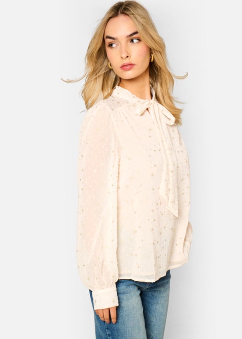 Blusa de manga larga con cuello lazo en color avena - Image 3