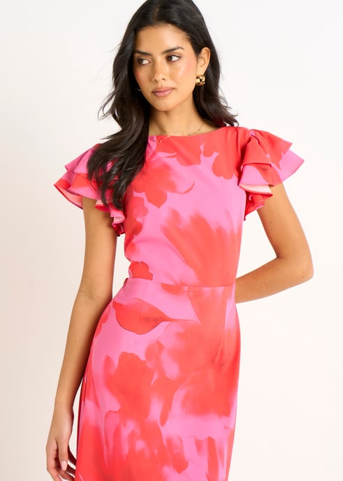 Vestido midi con volantes y estampado floral en acuarela rosa - Image 2